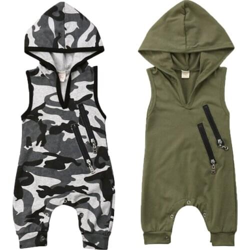 Newborn Toddler Baby Boy Fashion Rompers Camouflage Print Sleeveless Hooded Jumpsuits 0-24M