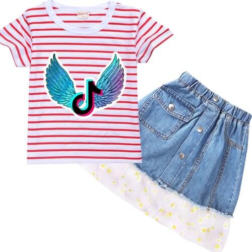 TIK TOK Summer Girl Cotton T-Shirt + Denim Skirt Set Baby Girl Fashion Clothing Set