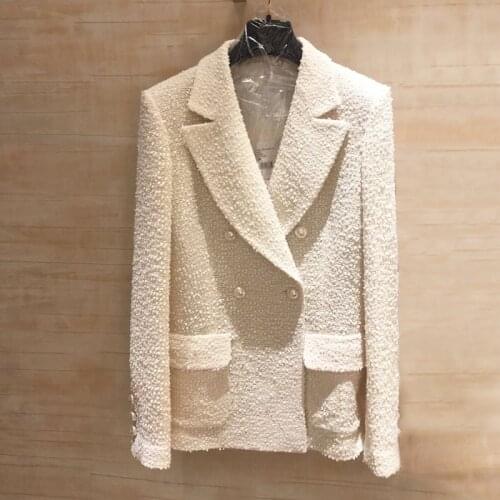 Brand 2019 Autumn Winter New Womens Jacket Wool Tweed Pearls Pocket Jacket Solid White Jacket Delicate Elegant Female Y278