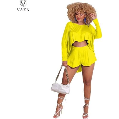VAZN 2021 Summer Solid Full Sleeve Solid Casual Elegant Women Top Tube Shorts 2PCs Set Beach Clothing Ladies Women Suits