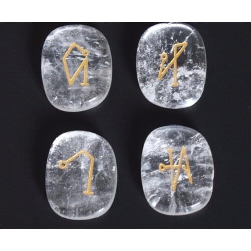 Set of 4 Small Size Natural Clear Quartz Healing Crystal Palm Stones Engraved Archangel Symbols with a Free Pouch