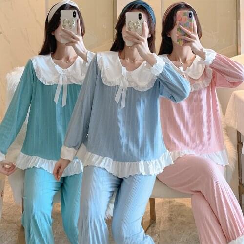 2021 Autumn Long Sleeve Cotton Sweet Lace Princess Pajama Set for Women Sleepwear Suit Pyjama Homewear Pijama Mujer Home Clothes