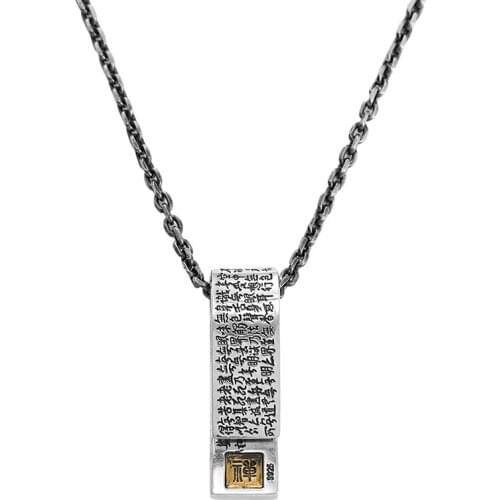 Buddha Amulet Heart Sutra Necklace Pendant Real 925 Sterling Silver Free Leather Rope Chain Vintage Jewelry Women Men 2021 P24