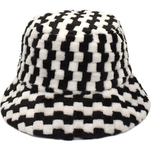 Winter Plush Bucket Hat for Women Print Fuzzy Bucket Caps Casual Warm Faux Fur Fisherman Hats Vacation Headwear