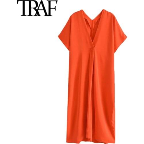 TRAF Women Fashion Soft Touch Pleated Asymmetry Midi Dress Vintage V Neck Wide Sleeve Female Dresses Vestidos Mujer