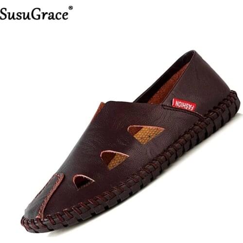 SusuGrace Casual Men Sandals Extra Plus Size 38-50 High-quality Slip-on Summer Fashion Breathable Light Leather Flats Male Shoes