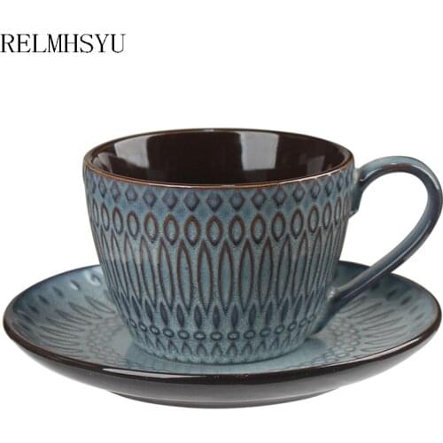 RELMHSYU Nordic Style Ceramic Embossed Coffee Soup Spoon Cup And Saucer Retro Breakfast Milk Water Mug Drinkware