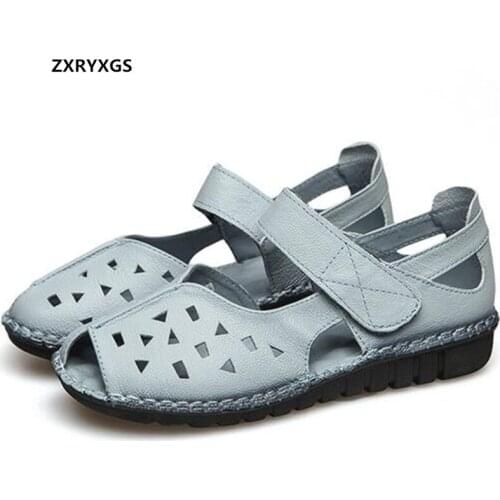 2021 High-quality Soft Cowhide Fish Mouth Hole Hole Sandals Flat Sandals Summer Women Sandals Comfort Non-slip Wear Mom Sandals