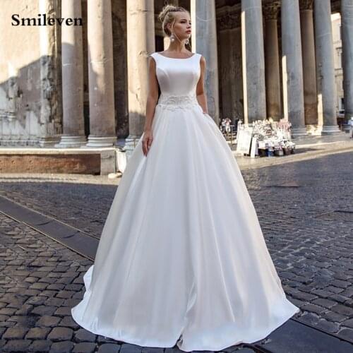 Smileven Simple And Clean Wedding Dresses Satin A Line Ivory Lace Bride Dresses Sleeveless Lae Up Back Wedding Gowns