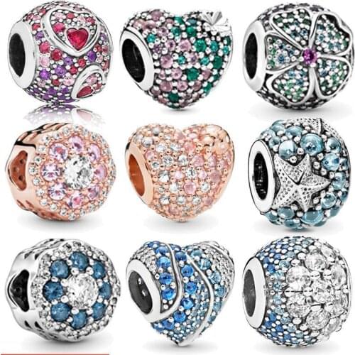Volayer 925 Sterling Silver Beads 9 Multiple Color CZ Ocean Love Heart Beads Charms fit Original Pandora Bracelets DIY Jewelry