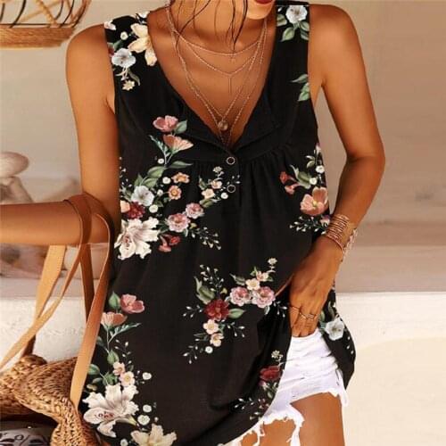Plus Size Black Tops For Famale Blusas Mujer De Moda 2021 Clothes Fashion Womens Summer Loose Printed V-neck Button Shirt Top