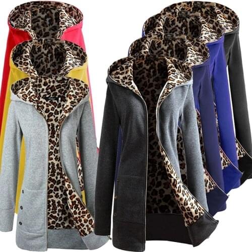 Women Jacket Thicker Hooded Leopard Zipper Coat Women Plus Velvet Overcoat Outwear Womens Autumn Jacket