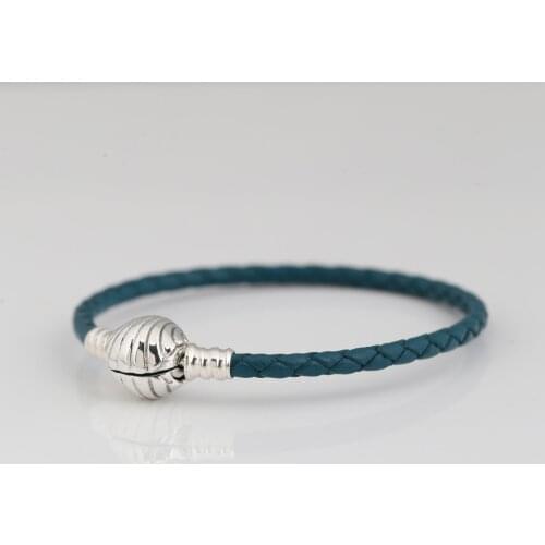 Authentic S925 Silver Summer Seashell Clasp Leather Bracelet for Women Girl Lady Gift