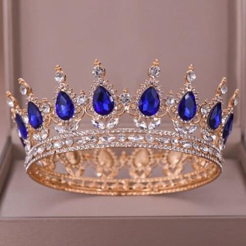Blue Crystal Crown Tiara Bridal Hair Accessories Rhinestone Crystal Round Crown Headband For Women Queen Diadem King Crown Gift