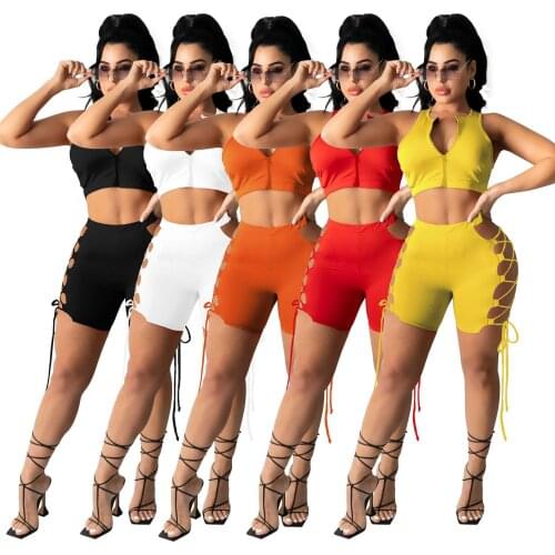 Fitness Women 2 Piece Set Solid Zipper Up Crop Tank Top + Skinny Bandage Biker Shorts Sexy Hollow Out Outfits Workout Tracksuit