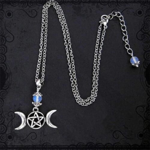 Triple Moon Goddess Wicca Witchcraft Pagan Necklace Moon Bead Charms Pentagram Pendant Metal Alloy Jewelry Fit Women Gifts