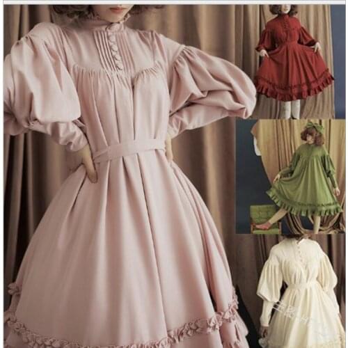 Medieval Lolita Costume Dress Vintage Stand Collar Ruffle A Line Solid color dresses Cute High Waist Palace Gothic style S-5XL
