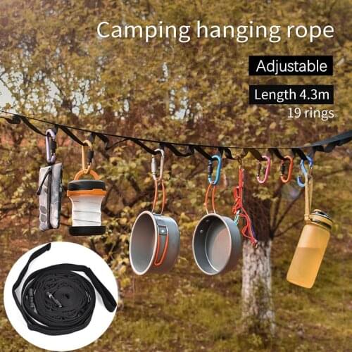 1Pc 430cm Outdoor Camping Hanging Rope Portable 19 Ring Tent Lanyard Adjustable Hammock Strap