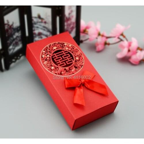 100pcs Chinese Asian Style Red Double Happiness Wedding Favor Box Party Gift Favor Bowknot Hollow Out Candy Box