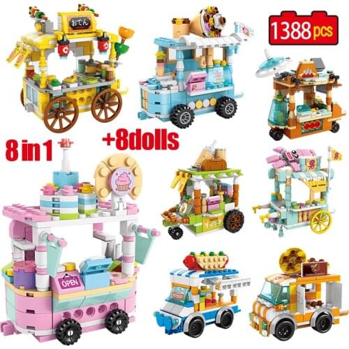 1388pcs 8 in 1 City Ice Cream Car Food Street View Series Building Blocks Friends Figures DIY Bricks Toys for Children Girls