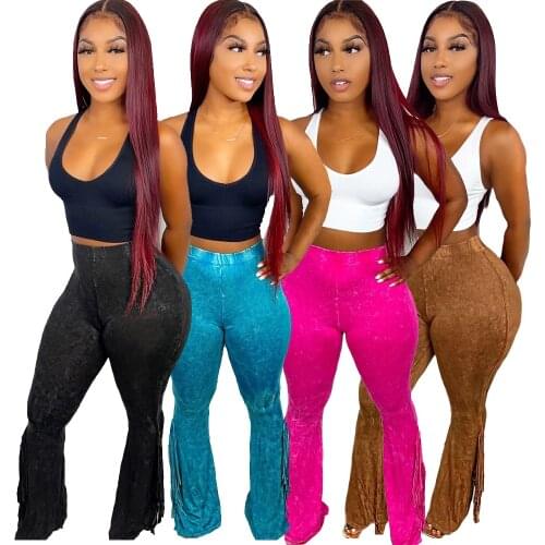 2021 Casual Women Jogger Pants Flare Pants Solid Color Sportwear High Waist Tassel Clothes For Women Outfit