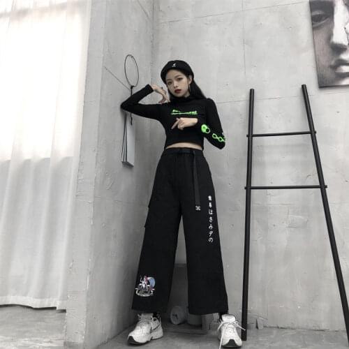 Spring Summer Wide Leg Pants Womens Baggy Trousers with Belt High Waisted Anime Printed Female Joggers Korean Harajuku Loose