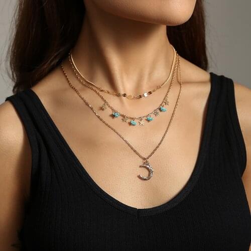 New Fashion moon Multilayer Necklace Natural Turquoise Star Clavicle Chain Women Exquisite Alloy Jewelry gift Accessories