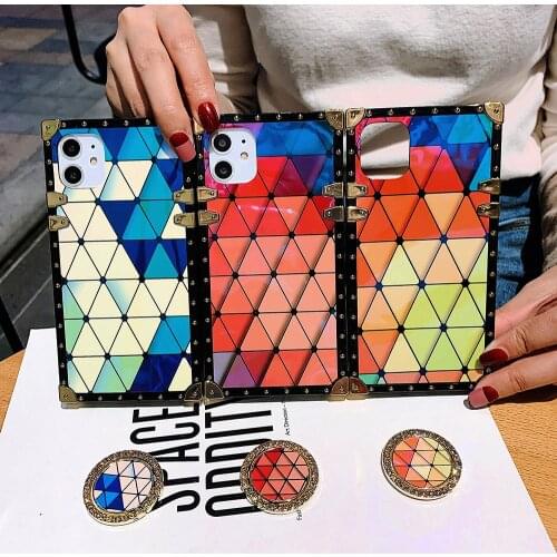 Square Case For Redmi Note 9 Pro Note 9s Note 8 Pro Redmi7 Mi9 Cover Fashion Diamond Pattern Glitter Metal Ring Stand PhoneCoque