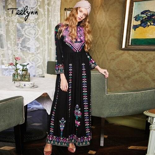 TEELYNN boho long dresses 2018 autumn Ethnic floral Embroidery rayon dresses v-neck chic dresses brand Hippie dress for women