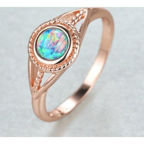 Blue Fire Opal Round Stone Ring Vintage Fashion Rose Gold Birthstone Engagement Rings For Women Wedding Jewelry Bridal Accessory