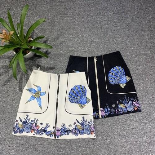 Janeyiren European Summer Runway Fashion Resort Skirt Womens High End Print Crystal Zipper Pencil Skirt