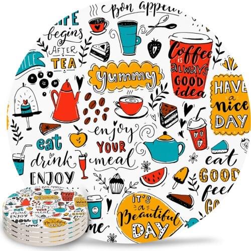 Cafe Doodle Teapot Cup Food Coasters Coffee Table Decor Kitchen Accessories Ceramic Coaster Dinning Table Decoration Placemats