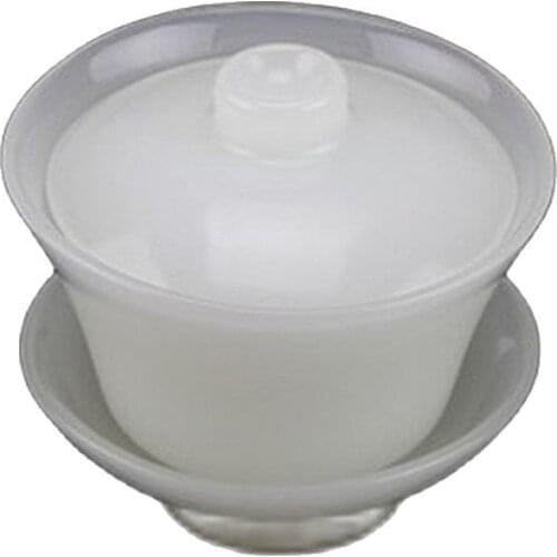China Handmade Jade Carving Natural White Jade Cover A Bowl Exquisite Jade Tea Set
