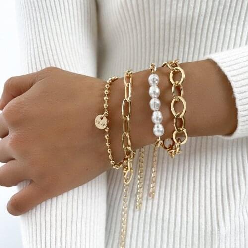 Modyle Punk Curb Cuban Chain Pearl Bracelets Set for Women Gold Color Letter Charm Wedding Bracelets Bangles Fashion Jewelry