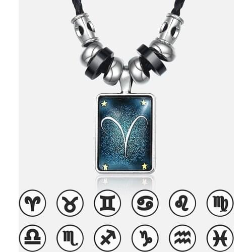 12 Constellations Leather Necklace For Men Aries Zodiac Pendant Stainless Steel Charm Necklaces Male Jewelry Dropshpping UNM36