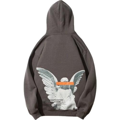 2021 Autumn Angel God Print Cotton Fleece Hoodies Men Harajuku Sweatshirt Casual Grey Hooded Pullover Korean Fashion Clothes