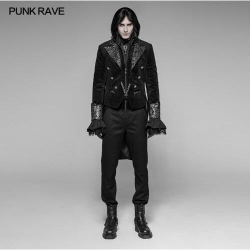 PUNK RAVE Black Gothic Vintage Irregular Swallow Tail Palace Men Fashion Coat Victorian High-Grade Cashmere Dress Woven Jacket