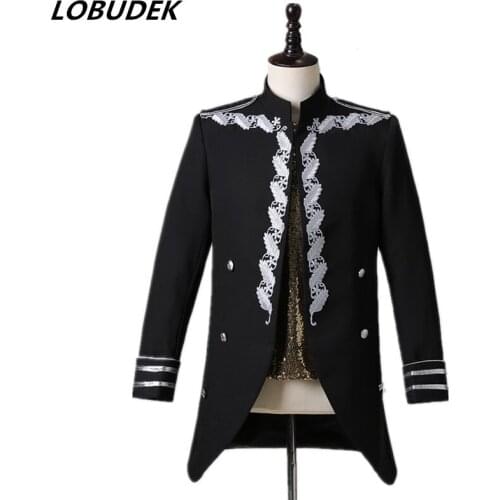 Mens Singer Stage Performance Court Blazer Vintage Embroidery Long Slim Coat Male Dancer Groups Bar Nightclub Concert Clothes