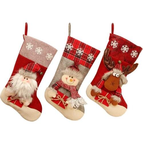 Christmas Party Xmas Tree Hanging Decor New Year Red Check Cartoon Deer Santa Snowman Stocking Sock Kids Gift Candy Bags