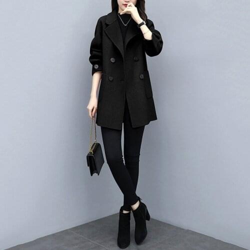 Abrigos Mujer Coat Korean Womens 2020 Autumn Winter Double-breasted Solid Color Lantern Sleeve Woolen Coat Female Pocket Q273