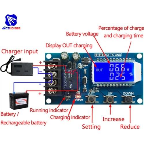 Lithium Battery Charge Controller Protection Board Auto Charging/Cycle Charge/Limited Time Charge Switch Relay LCD Display 6-60V