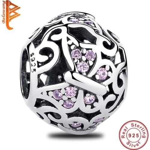 Authentic 925 Sterling Silver Pink Dazzling Clear CZ Charm Beads fit Bracelet Pendants DIY Making Jewelry Gift