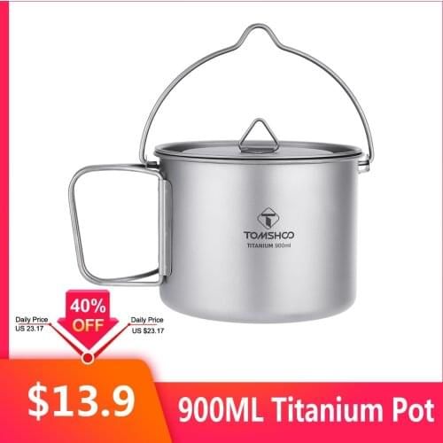 TOMSHOO 900ML Titanium Pot Portable Titanium Water Mug Cup with Lid and Foldable Handle for Outdoor Camping Cooking Picnic