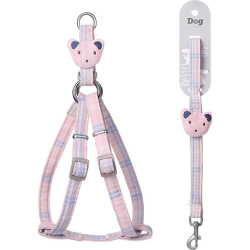 Dog Harness Leash Collar Set Adjustable Soft Cute Bear Double Layer Dog Harness for Small Medium Pet Collar Leash Walking