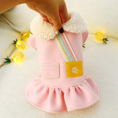 Pink Rainbow Fur Collar Pet Dog Pink Dress for Small Winter Fleece Puppy Cat Clothes Chihuahua Maltese Skirt disfraz perro