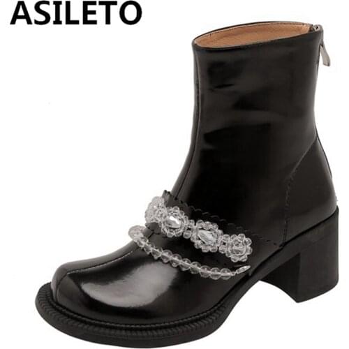 ASILETO Chelsea Boots Chunky Boots Women Winter Shoes Genuine Leather Plush Ankle Boots Female Autumn Rhinestone Flower Chain