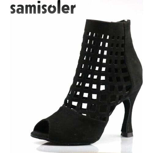 Samisoler Social Ballroom Dance Boots Indoor Sports Shoes Professional Salsa Latin Lace-Up Sandals Net Surface Hollow Out Heels
