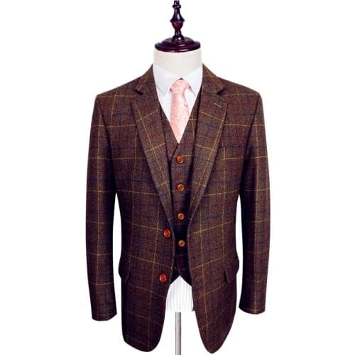 Wool Brown Classic Tweed Groom Suits Custom Made Men suit Blazers Retro gentleman style tailor made 3 Pieces wedding suits