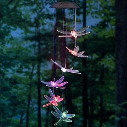Solar Mobile LED Light Color Changing Wind Chimes Dragonfly Pendant Aeolian Bell Yard Garden Wind Chimes Lamp Accessories