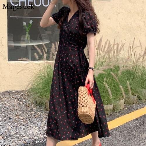 Vintage Summer Printed Dress Female Puff Sleeve V Neck Elegant Midi Dress Women Casual Black Slim Party Dresses Vestidos 14756
